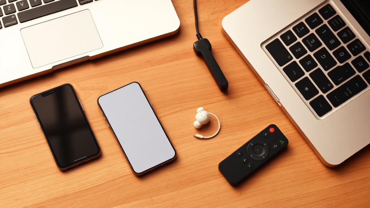 Flat-lay of a laptop, two smartphones, wireless earbuds and a TV remote on a wooden desk