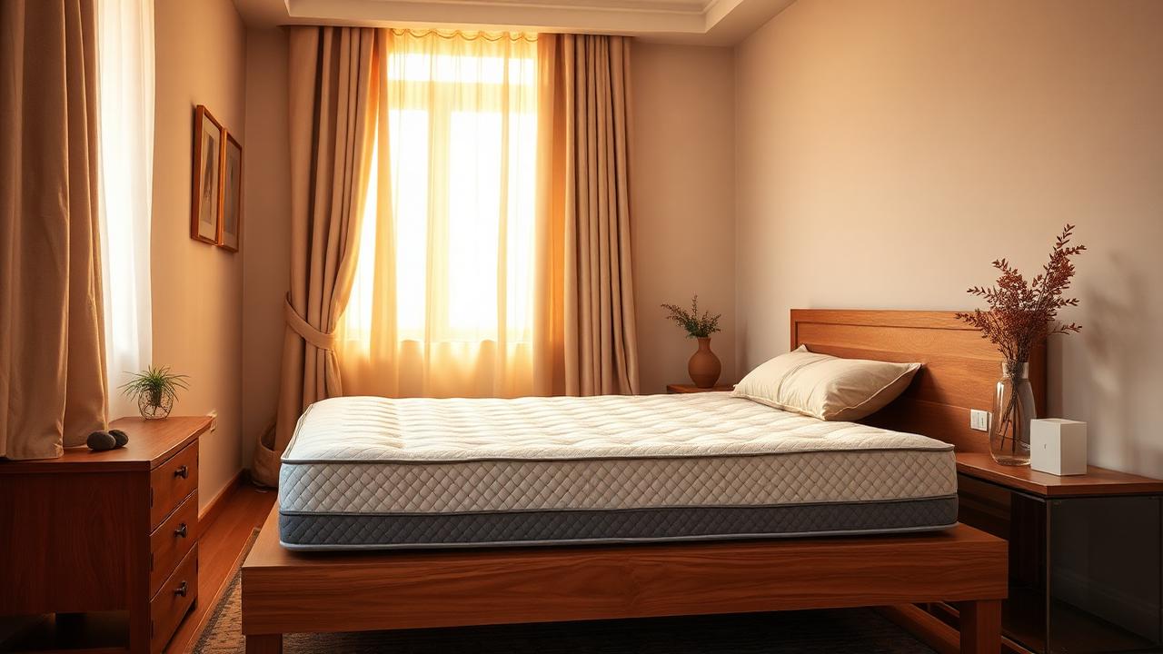 Bedroom in an Indian apartment with a quality mattress on a wooden bed frame in morning light