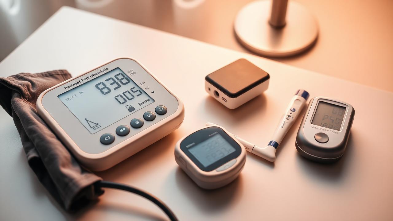 Digital blood pressure monitor with cuff, pulse oximeter, thermometer and glucometer on a table