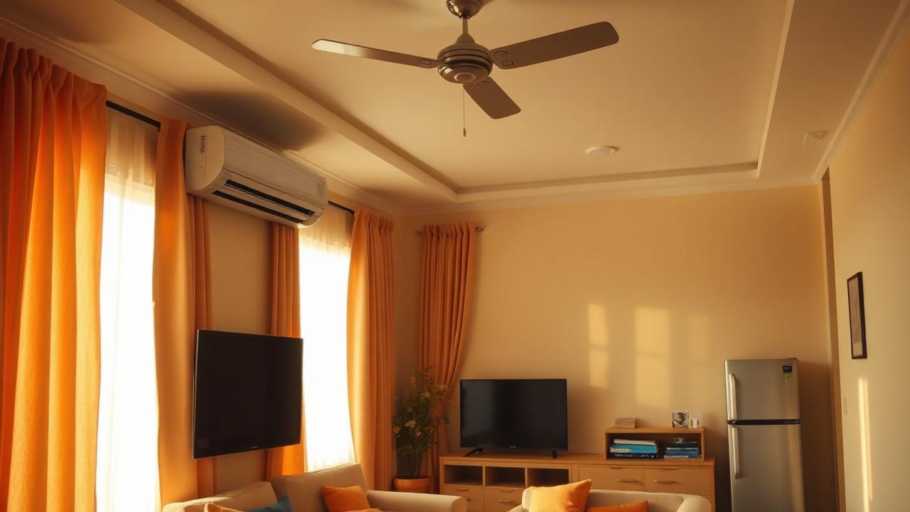 Indian living room with a split AC, ceiling fan, TV and refrigerator in warm afternoon light