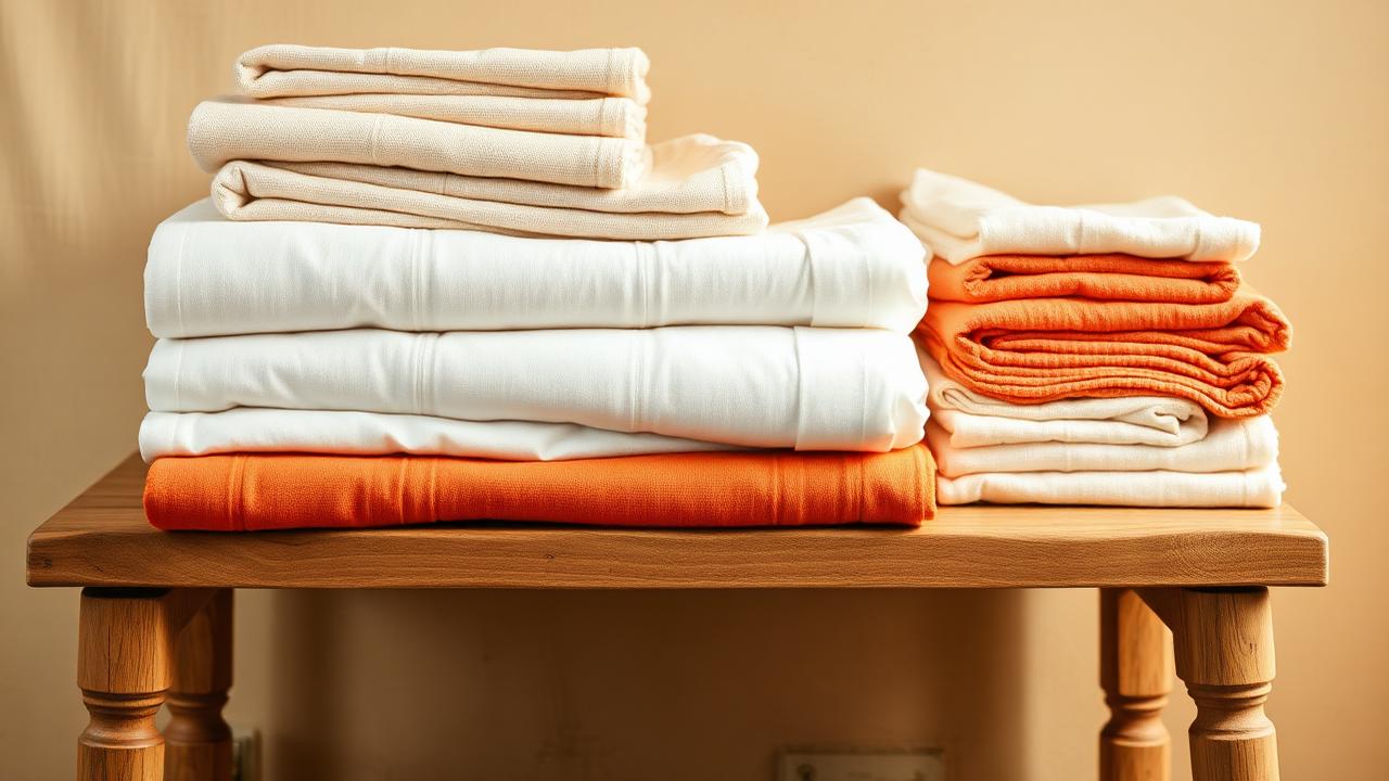Neatly folded cotton bath towels and bed linen stacked on a wooden bench